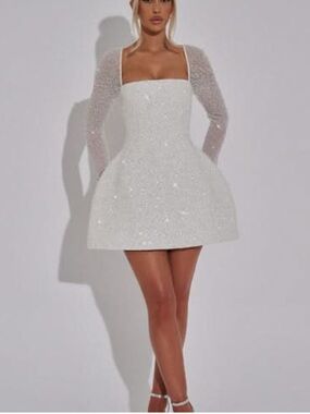 Sparkling White Square-Neck Mini Dress with Sheer Long Sleeves